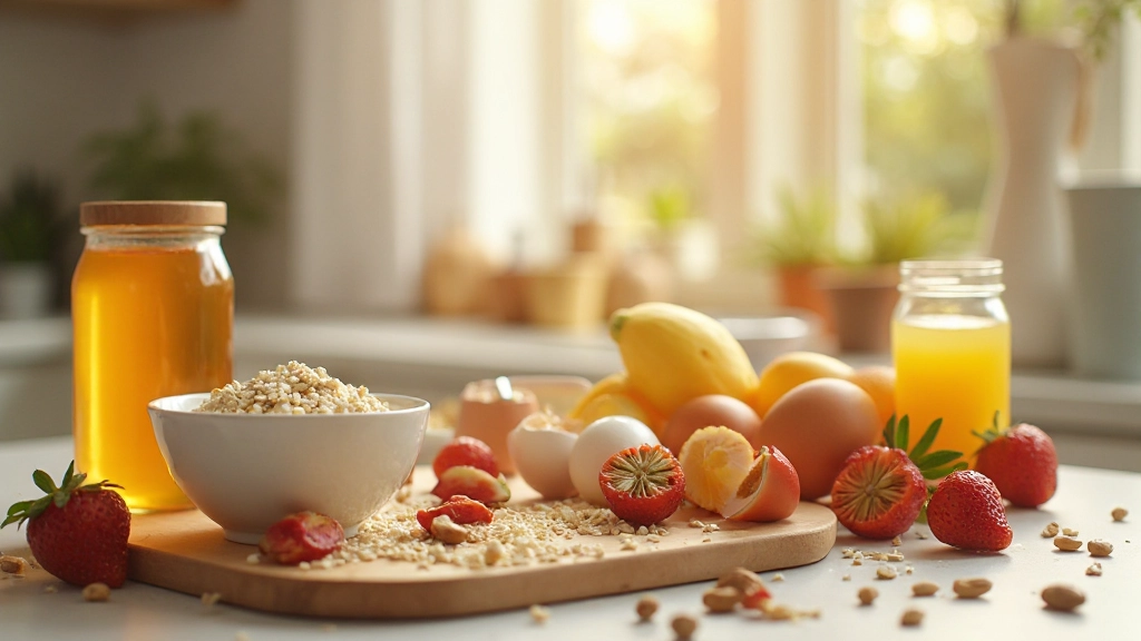 Helle Küche mit Frühstücksutensilien und frischen Zutaten auf der Arbeitsfläche
