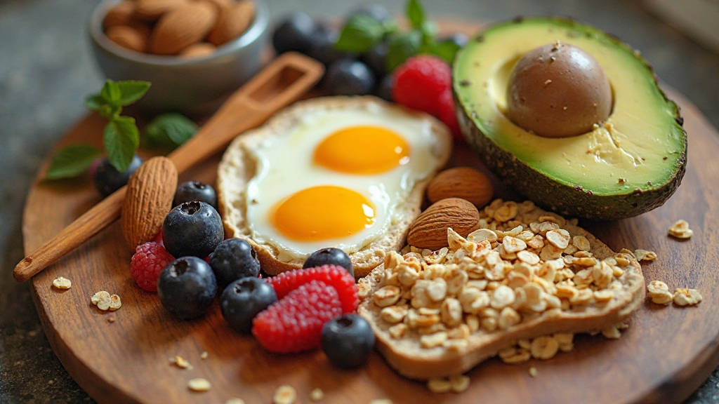 Verschiedene Frühstückszutaten wie Eier, Nüsse, Avocado und Haferflocken arrangiert auf Holzbrett