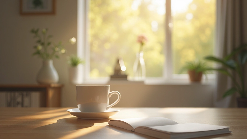 Ruhiger Morgen mit einer Tasse Kaffee auf einem Holztisch neben einem Fenster
