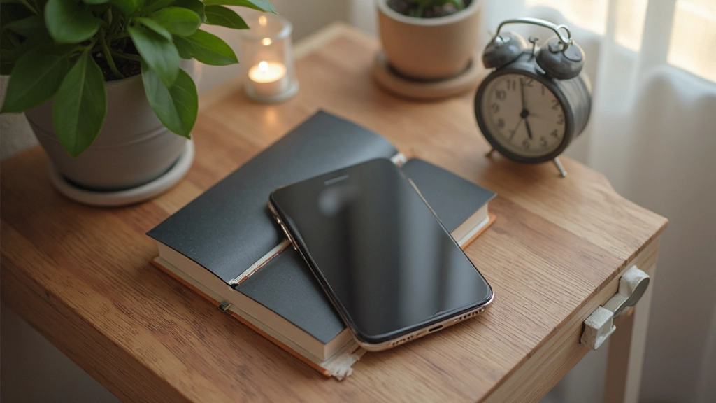 Smartphone auf Nachttisch mit Bildschirm ausgeschaltet neben einem Buch