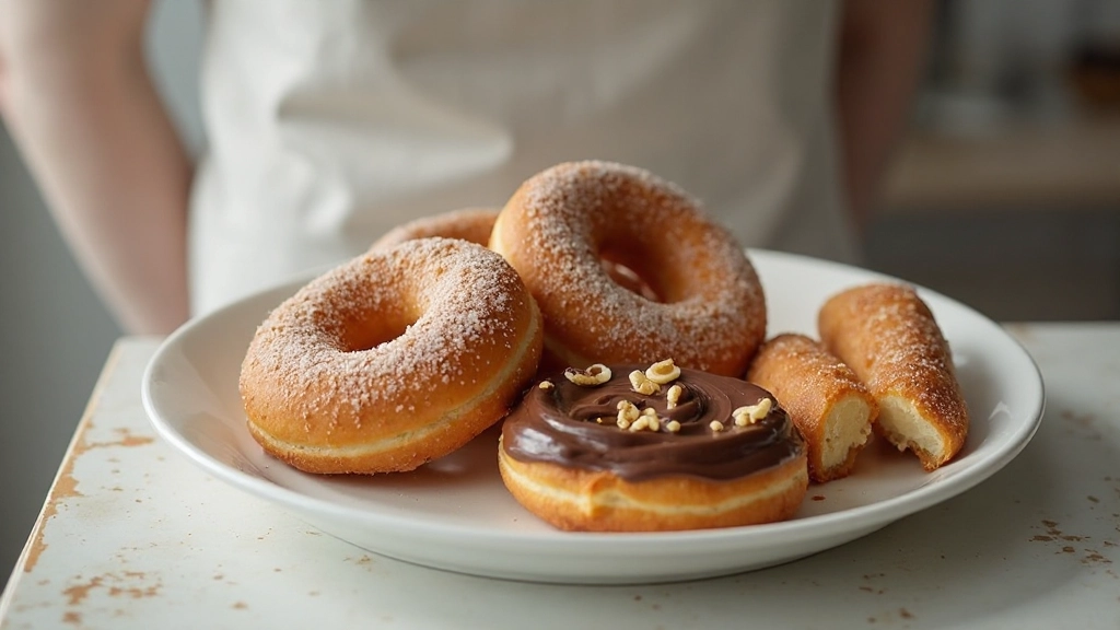 Verschiedene ungesunde Frühstücksoptionen wie Donuts, süßes Müsli und Gebäck auf Teller