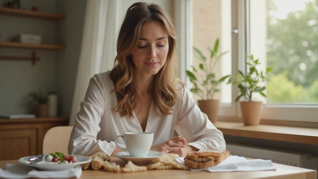 Person sitzt am Morgen beim Frühstück am Tisch mit Kaffee und Toast