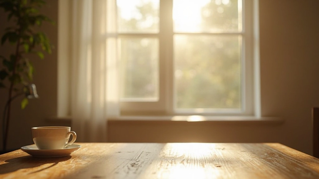 Heller Morgenraum mit Fenster, Kaffee auf Holztisch, Morgenlicht strömt herein