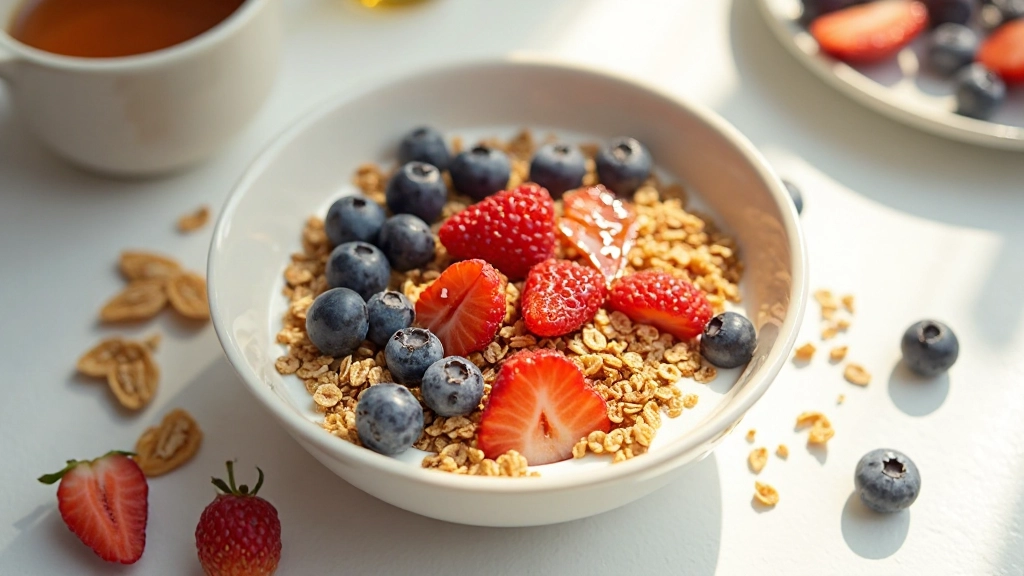 Schale mit Müsli, frischen Beeren und Honig auf weißem Untergrund