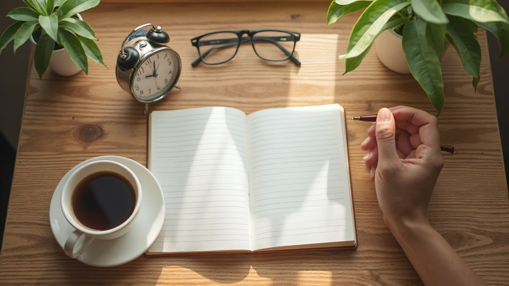 Morgenlicher Schreibtisch mit Notizbuch, Kaffee und Wecker in natürlichem Licht