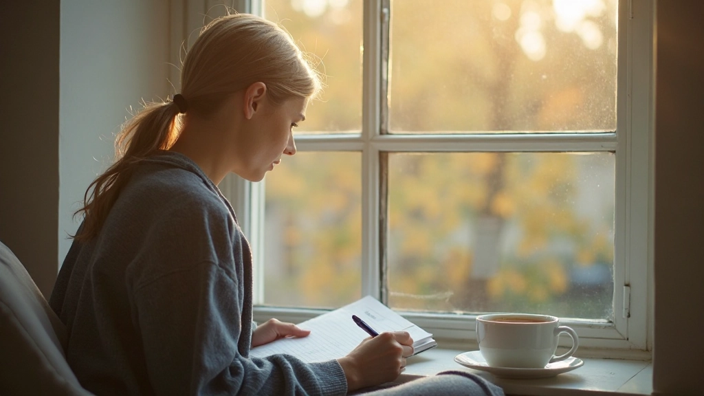Person sitzt mit Notizbuch am Fenster, arbeitet an ihrer Morgenplanung mit Kaffee neben sich